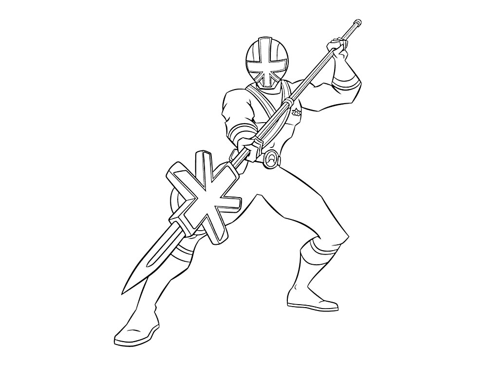 Раскраска Самурайский рейнджер в боевой стойке с оружием в руках