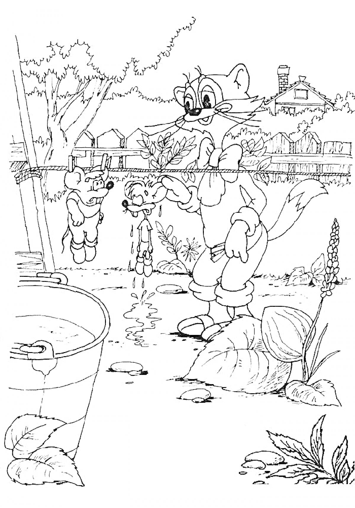 На раскраске изображено: Вода, Дом, Кусты, Трава, Природа, Ведёрко, Кот Леопольд, Мышь