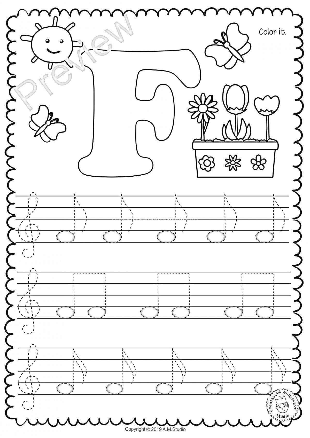 На раскраске изображено: Буква F, Цветы, Ноты, Солнце, Обучающие материалы, Музыка, Алфавит