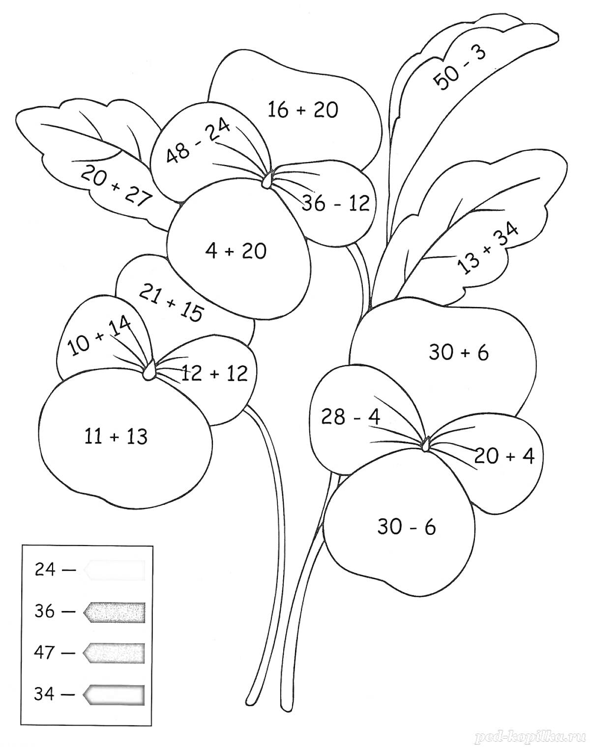 На раскраске изображено: Цветы, Математика, Примеры, Обучение, Игра, Развивающие задания, Цифры, Вычитание, Цветовой код