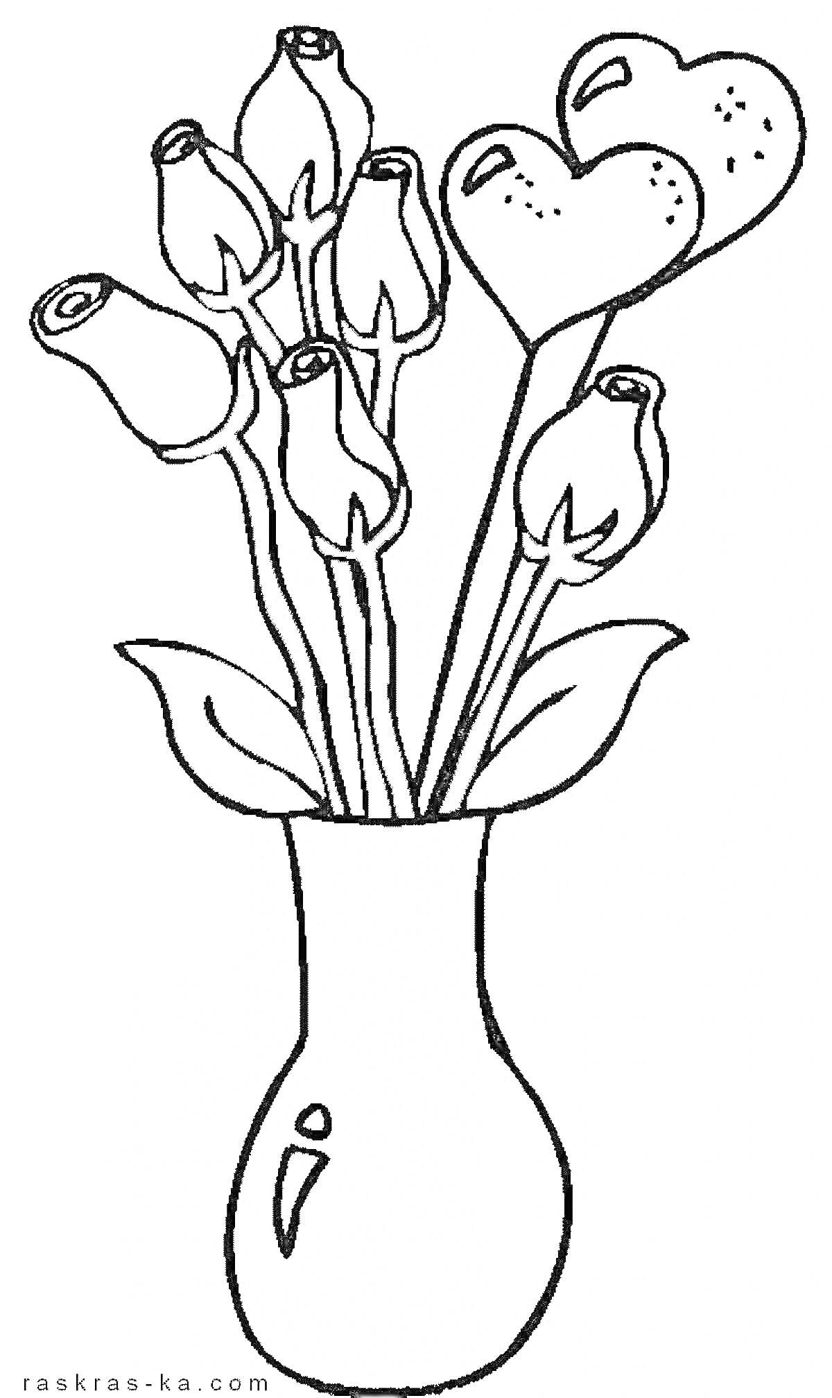 На раскраске изображено: Розы, Ваза, Цветы, 8 марта, Для детей, Подарки, Букет цветов, Праздники, Сердца