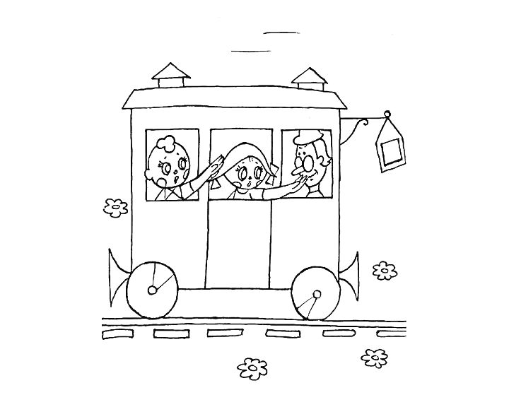 Раскраска Вагончик с тремя детьми, цветы и железная дорога