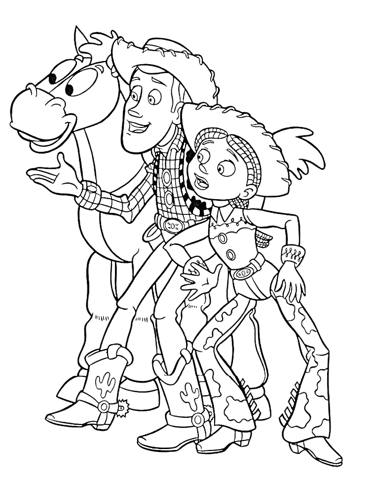 Раскраска Джесси, Вуди и Булзай из мультфильма, стоящие рядом и наклоняющиеся вперед