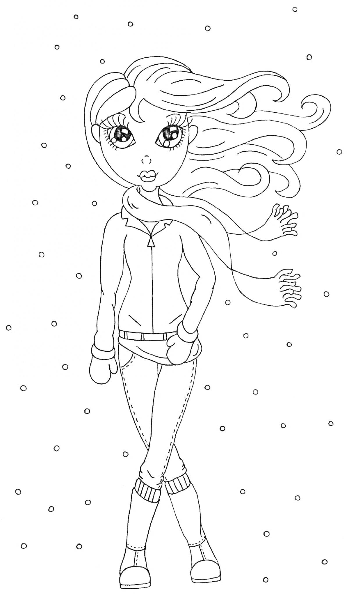 На раскраске изображено: Девочка, Зима, Ботинки, Длинные волосы, Одежда, Куртка, Снежинки, Ветер