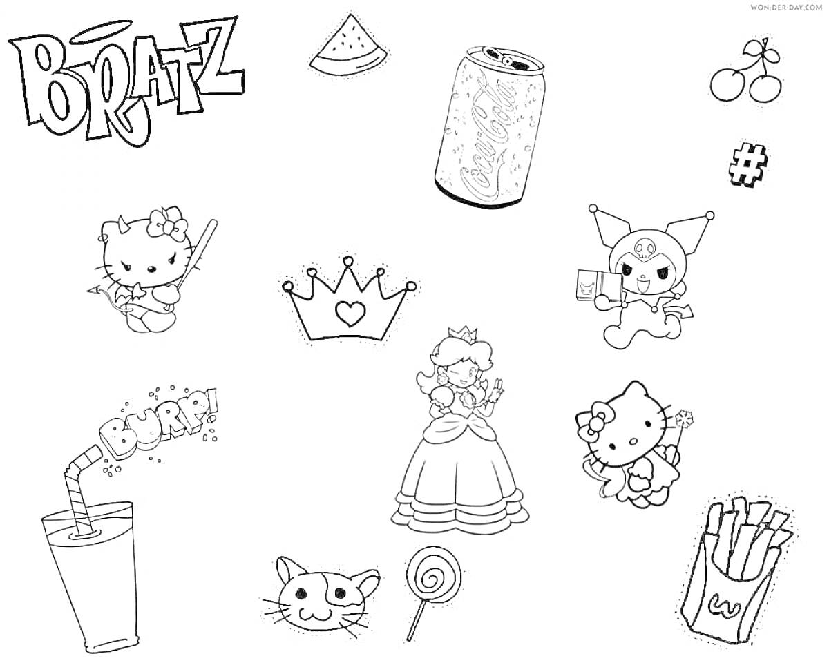 РаскраскаHello Kitty с палочкой, арбуз, банка напитка, вишни, решетка, Hello Kitty со скитлс, корона, куколка с игрушкой, слово 