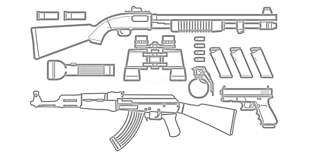 На раскраске изображено: Оружие, Ружьё, Патроны, Граната, Револьвер, Обойма, Пистолет