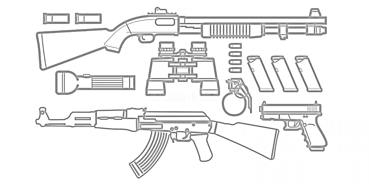 Раскраска оружие: ружье, револьвер, фонарь, обоймы, граната, пистолет