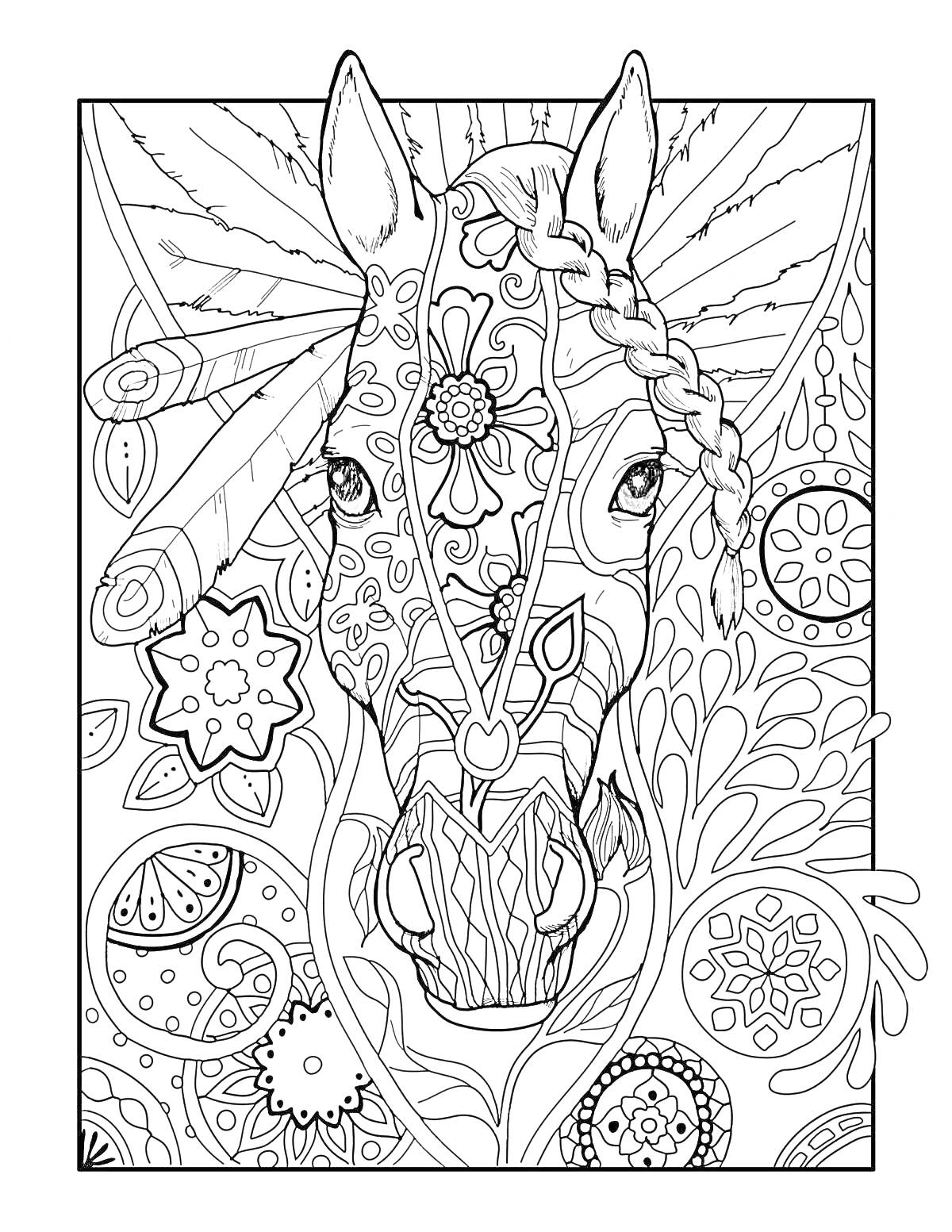Раскраска Лошадь с мандалами, цветами и завитками