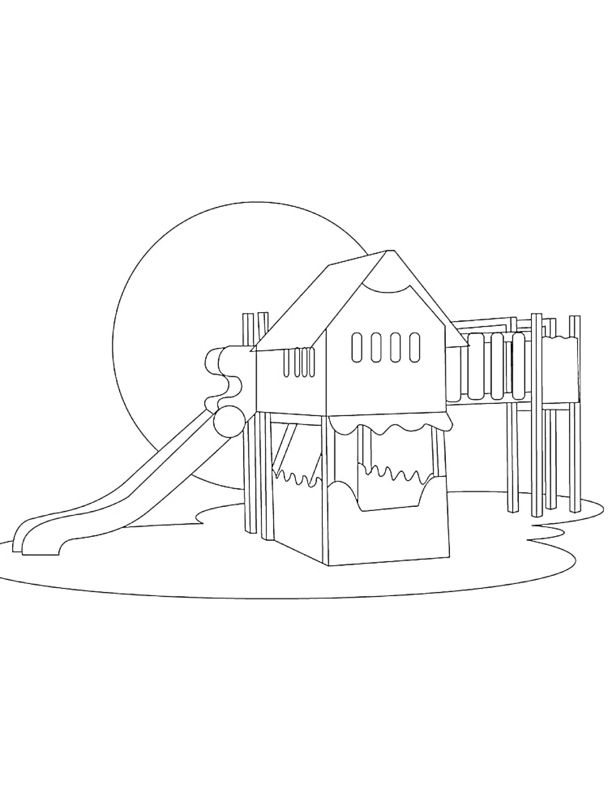 Раскраска Игровая площадка с горкой, игровой домик, лестница и мостик