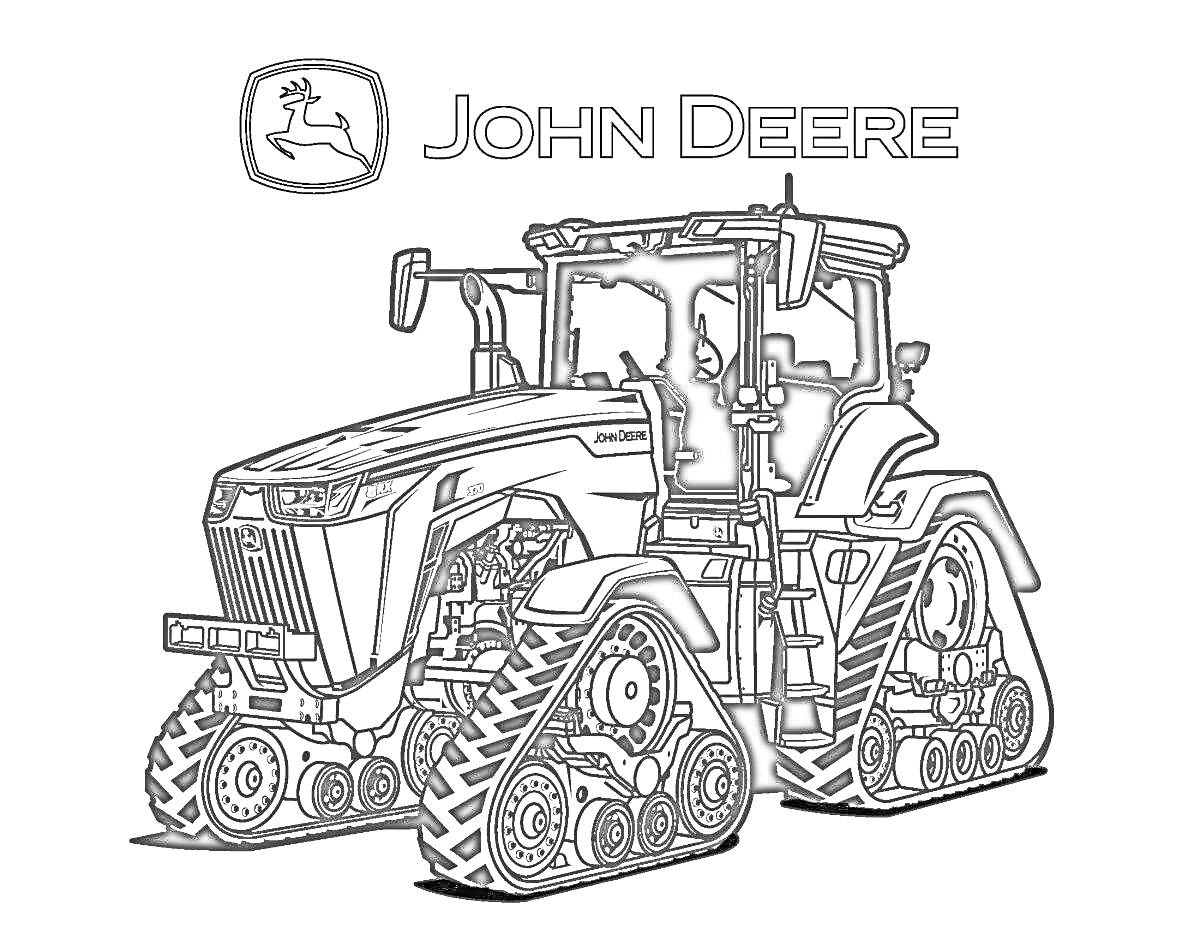 Раскраска Трактор John Deere с гусеничными колесами, логотип John Deere