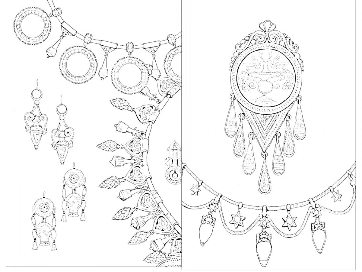 На раскраске изображено: Украшения, Подвески, Серьги, Узоры, Круги, Звезды, Декор