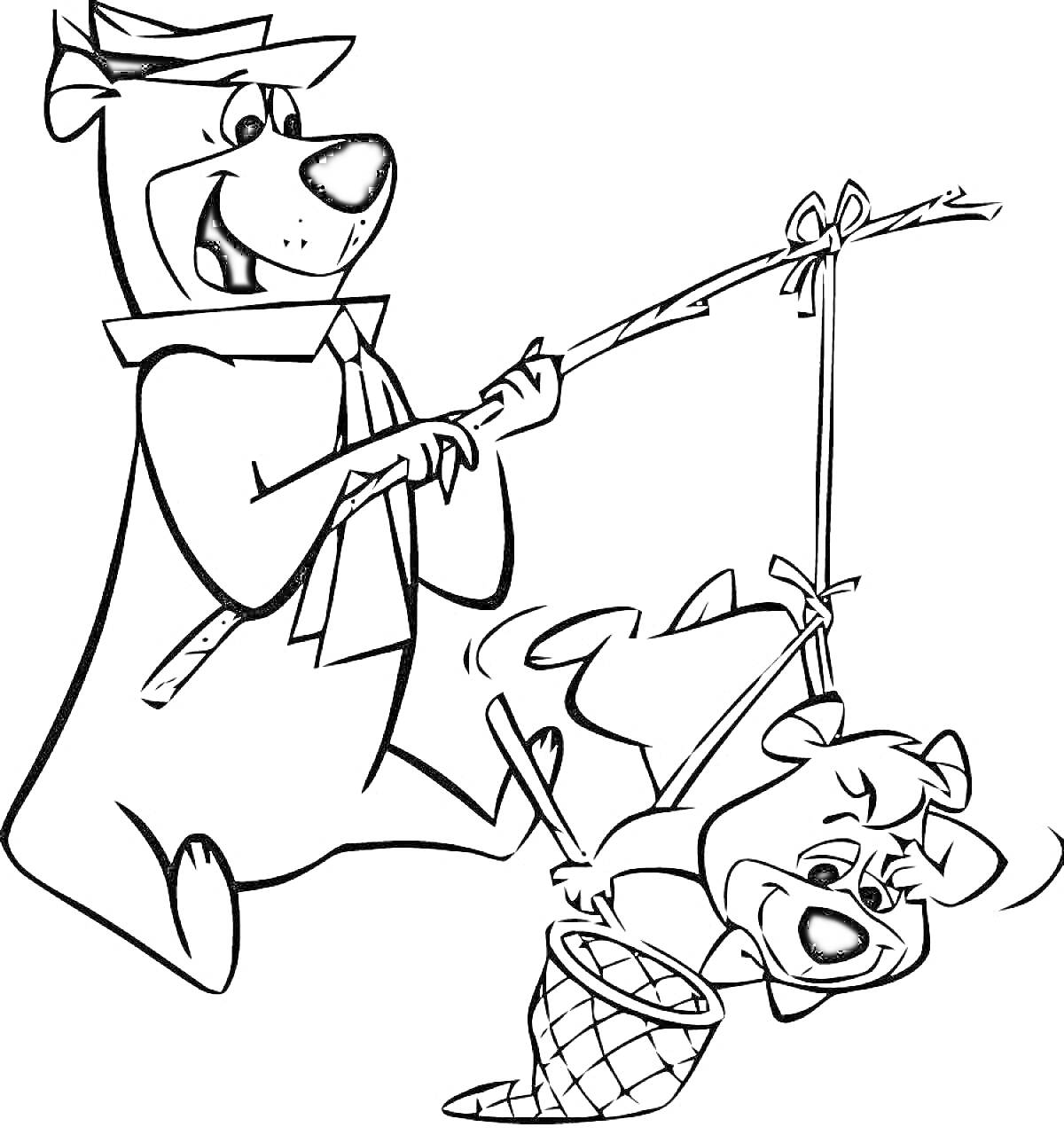 Раскраска Медведь Йоги и Бу-Бу с удочкой и сачком