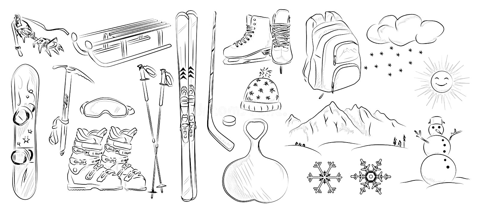 Раскраска Лыжи, коньки, санки, палки для лыж, сноуборд, валенки, шапка, горы, солнце, снеговик, рюкзаки, снежинки, снежное облако, ледянка, маска для катания на лыжах.
