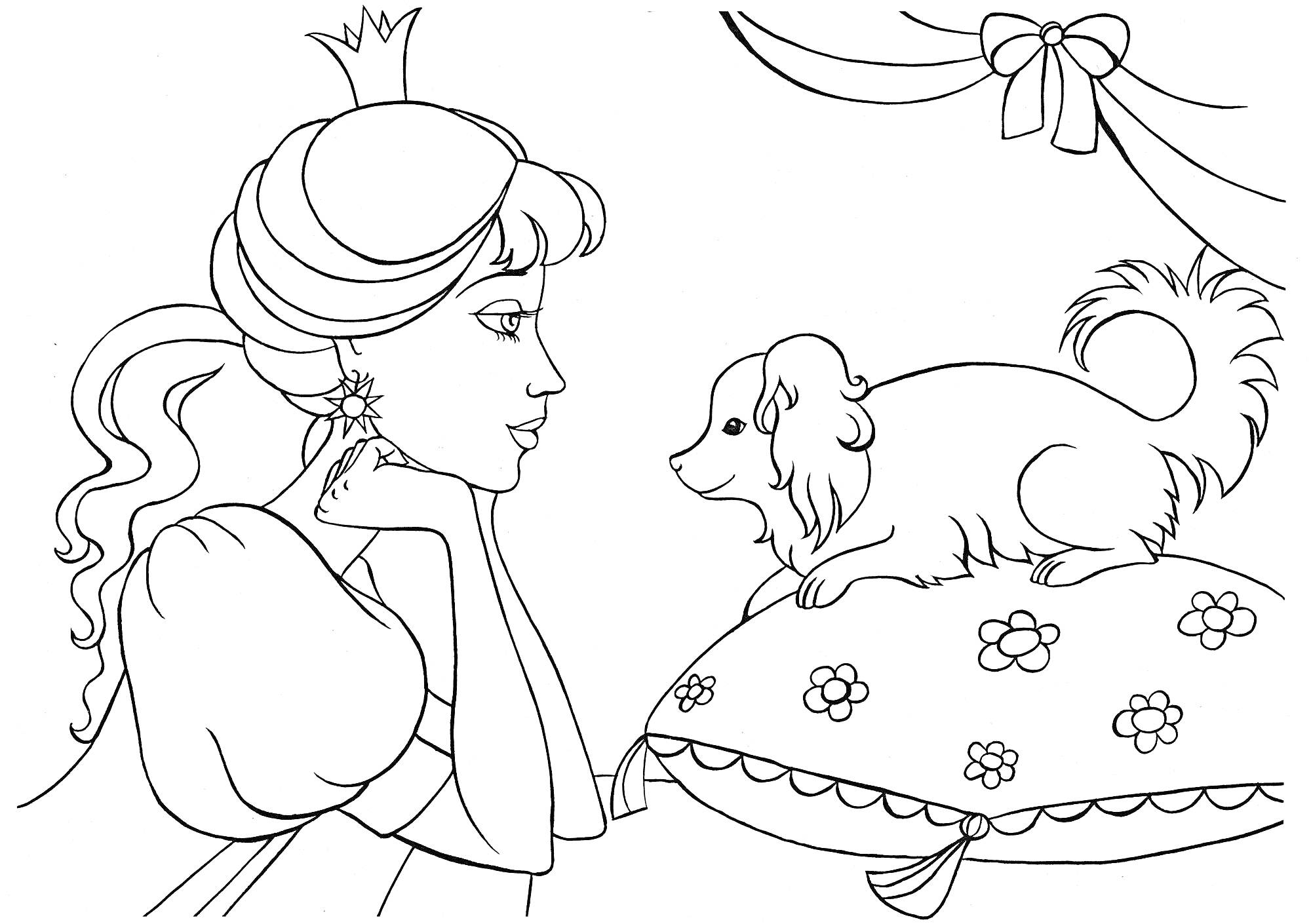 На раскраске изображено: Принцесса, Корги, Подушка, Балдахин, Цветы, Корона, Серьги, Длинные волосы, Для девочек