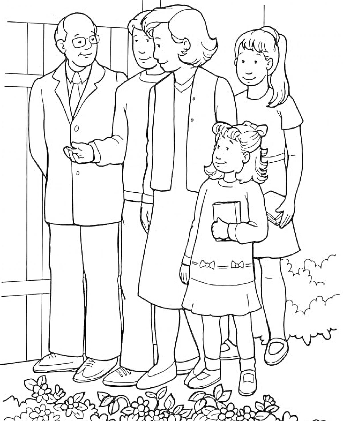 Раскраска Семья возле забора с цветами (дедушка, мама, дочь, младшая дочь)