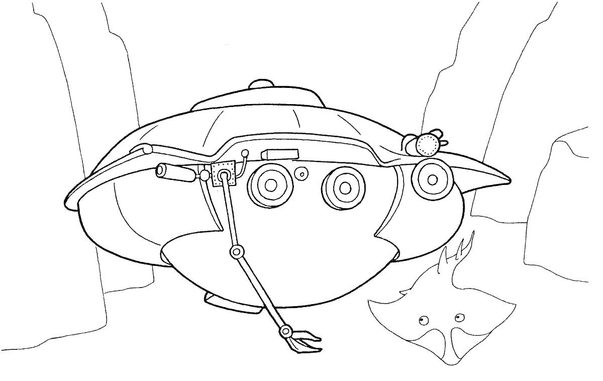 Раскраска Батискаф с манипулятором на дне океана, скаты, скалы