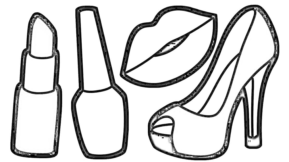 Раскраска Помада, лак для ногтей, губы, туфля на каблуке