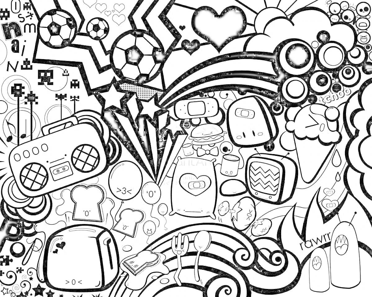 На раскраске изображено: Постер, Футбольный мяч, Радиоприемник, Тостер, Мороженое, Звезды, Декоративные элементы