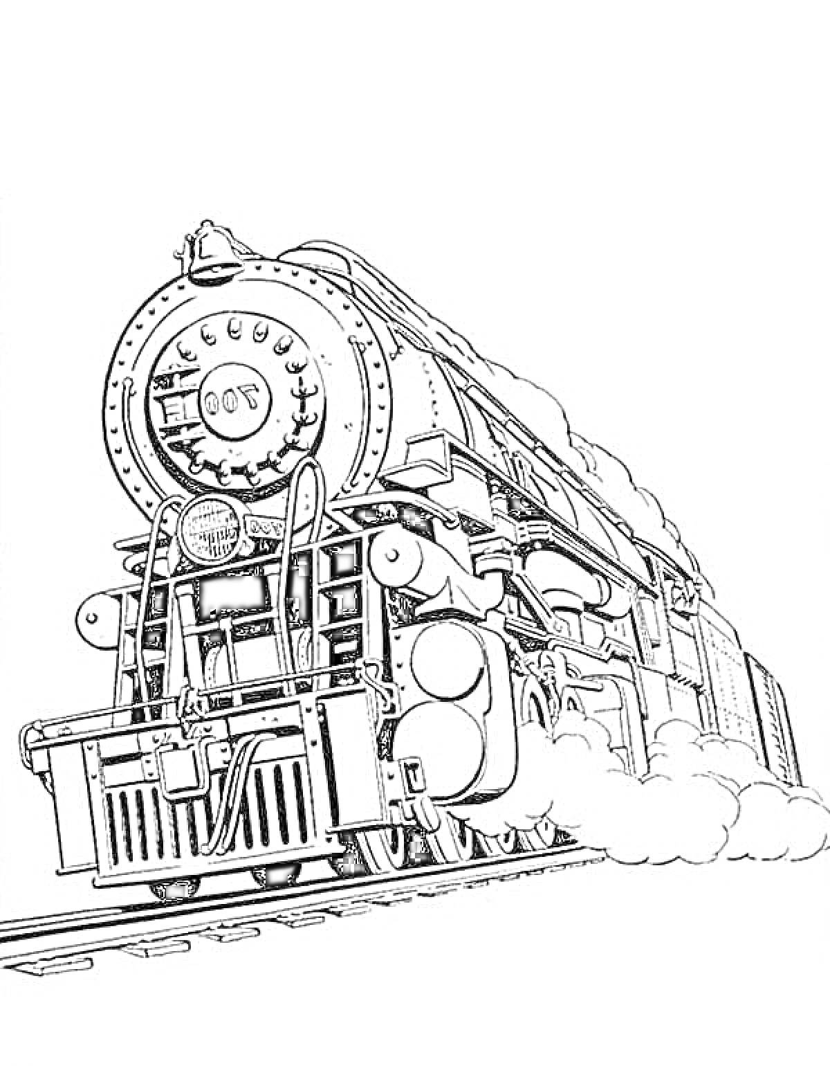 На раскраске изображено: Паровоз, Поезд, Рельсы, Дым, Железная дорога, Транспорт