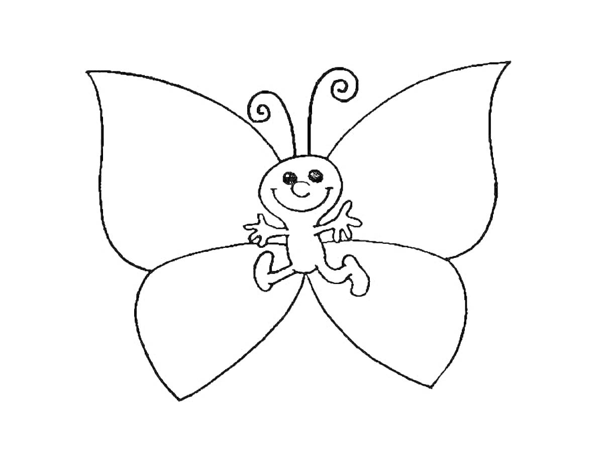 На раскраске изображено: Бабочка, Насекомое, Для детей, 3 года, 4 года, Крылья, Антенны, Улыбка