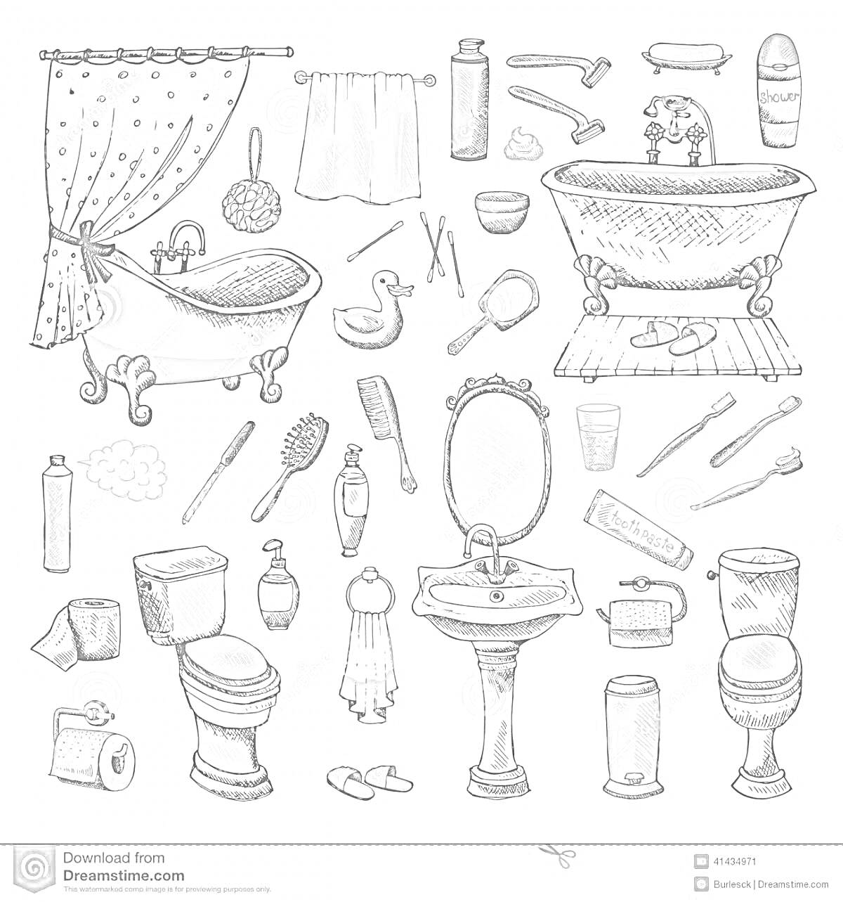 На раскраске изображено: Ванна, Унитаз, Раковина, Зеркало, Полотенце, Шампунь, Мыло, Губка, Расческа, Щетка, Зубная щетка, Туалетная бумага, Корзина для белья, Тапочки, Полотенцесушитель, Игральные карты