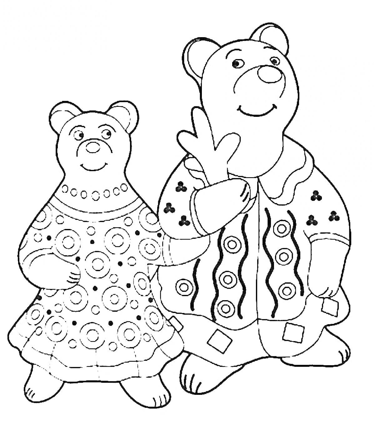 Раскраска Дымковская игрушка в виде двух медведей, одетых в традиционные наряды с узорами