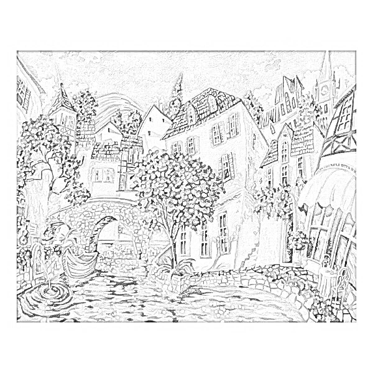 Раскраска Уютный европейский городок с кирпичной мостовой, лодкой на канале, зданиями с шатровыми крышами, каменным мостом и кафе с террасой.