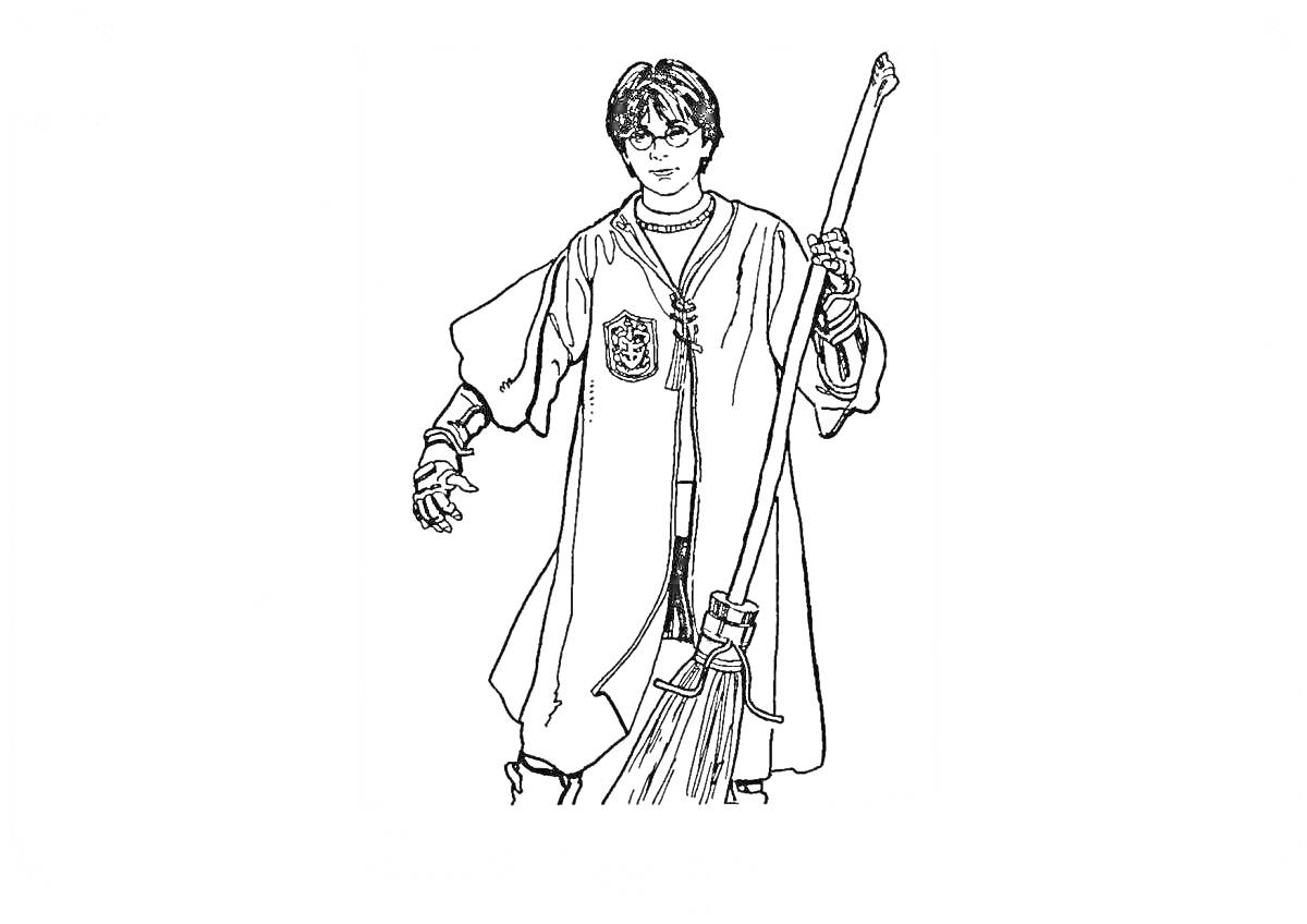Раскраска Гарри Поттер с метлой в манте и гербом