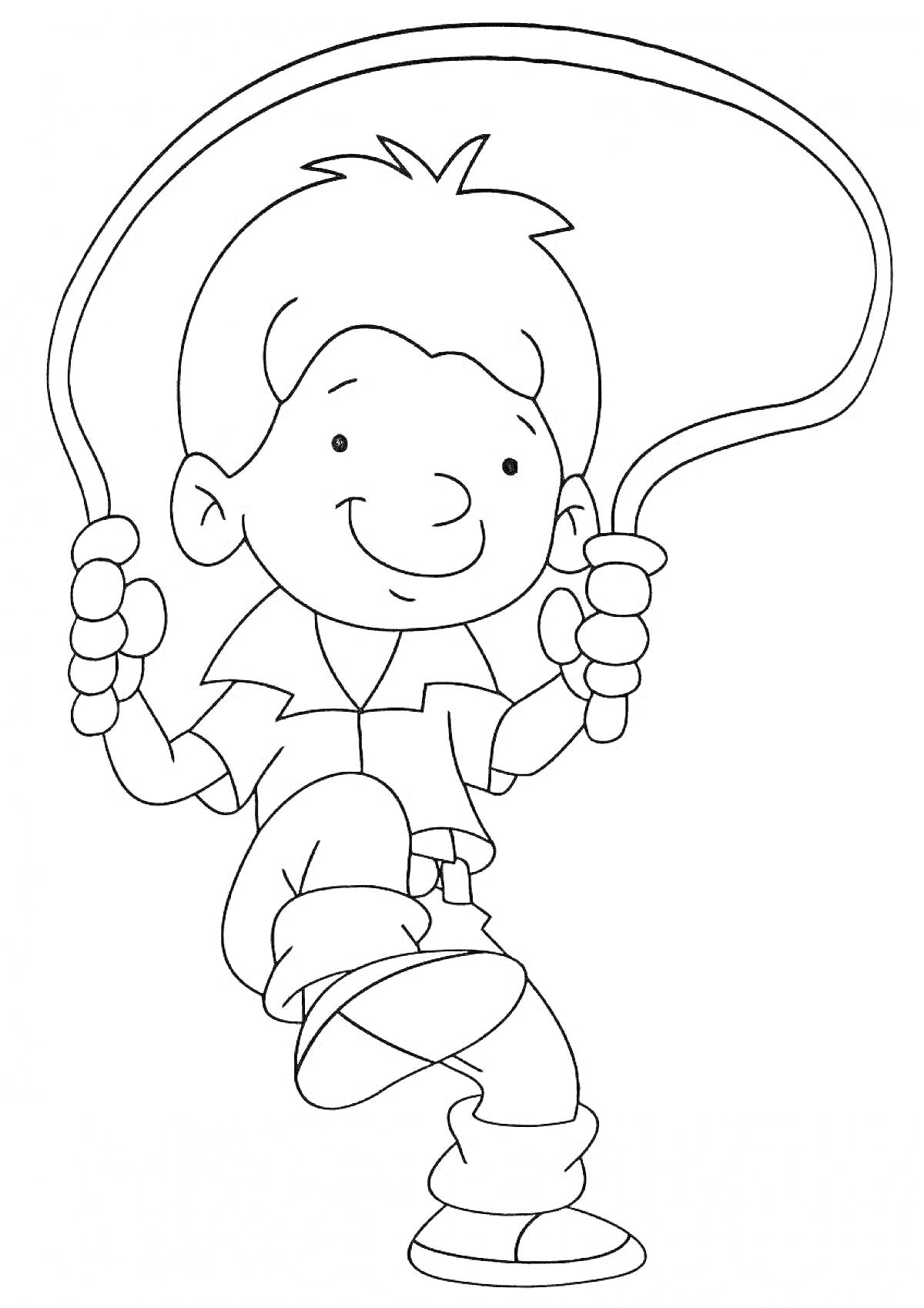 На раскраске изображено: Мальчик, Скакалка, Прыжки, Игра, Спорт, Активность