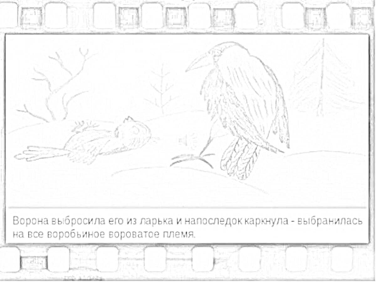 Раскраска Воробей и ворона в зимнем лесу