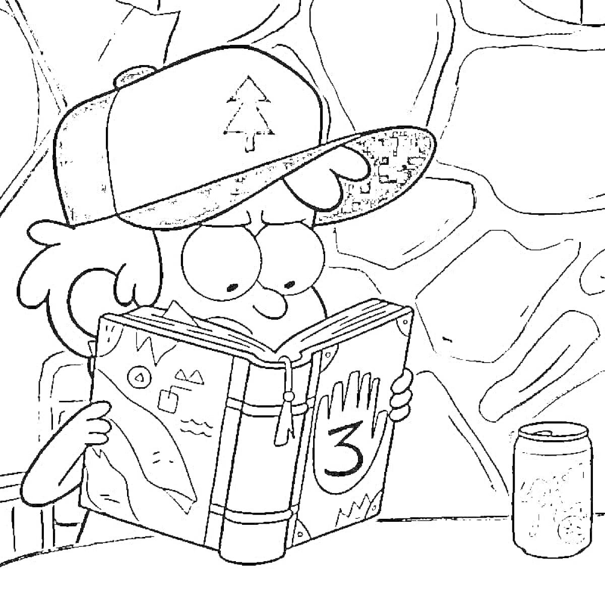 Раскраска мальчик в кепке с деревом читает книгу с цифрой 3 на обложке, фон - стена из камня, на столе банка