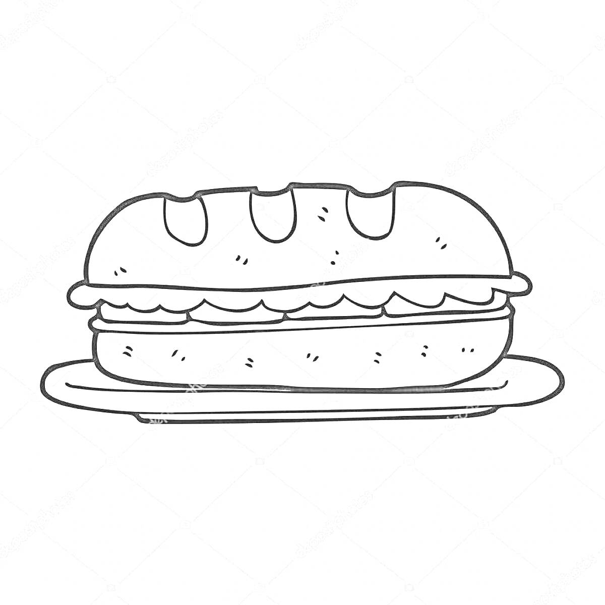 На раскраске изображено: Бутерброд, Тарелка, Начинка, Еда, Для детей, Хлеб, Сэндвич