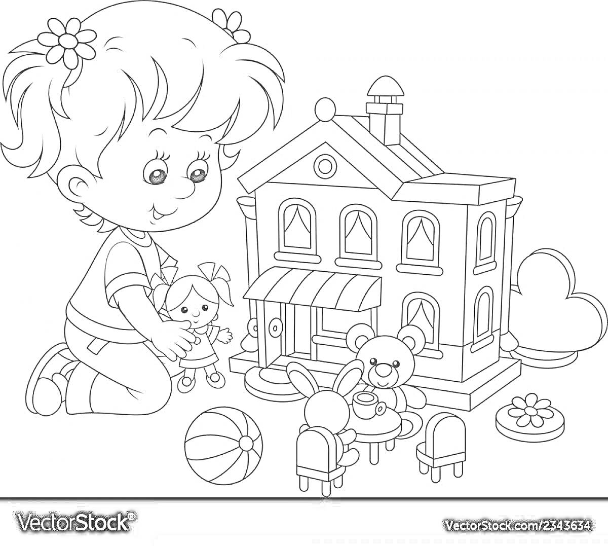 На раскраске изображено: Девочка, Кукла, Дом, Стол, Чаепитие, Цветы, Игрушки