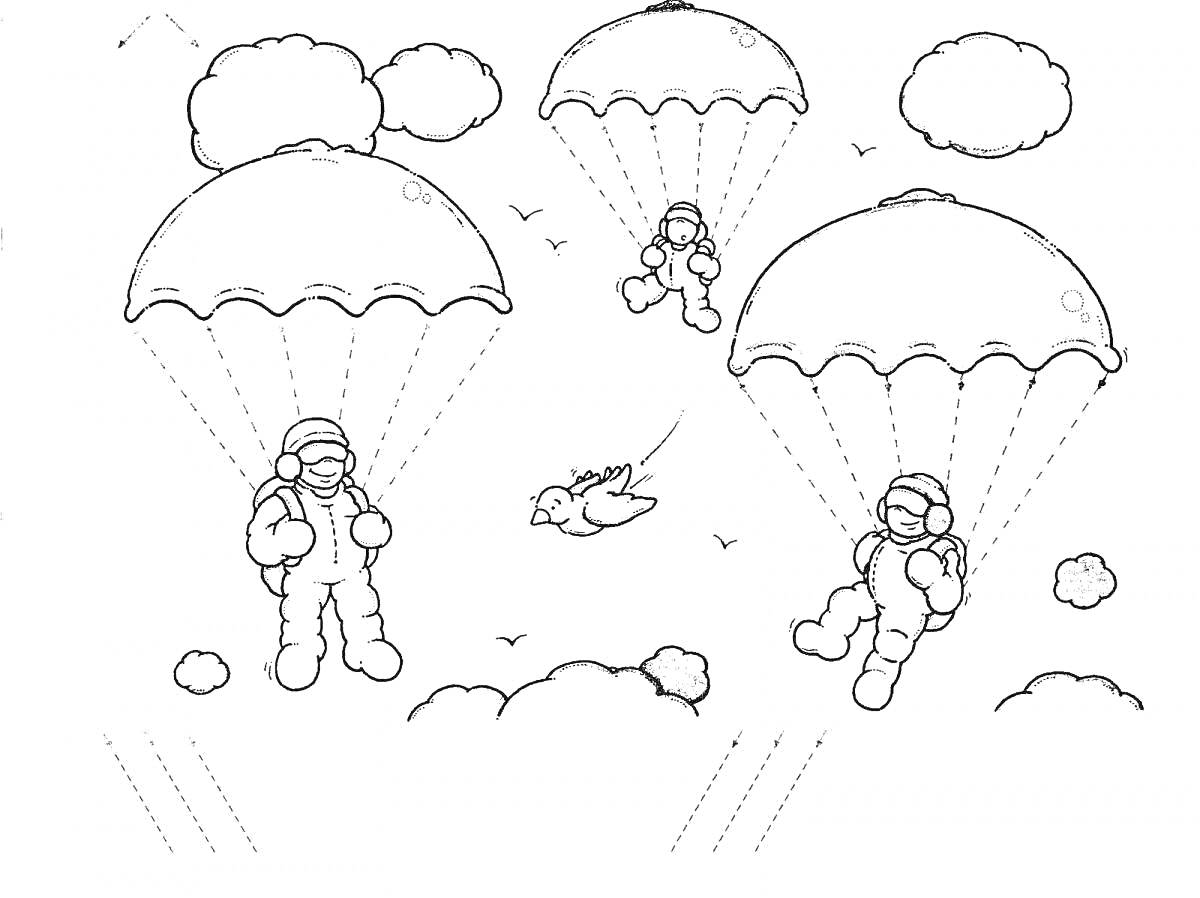 Раскраска Десантники, спускающиеся на парашютах в небе с облаками и птицами