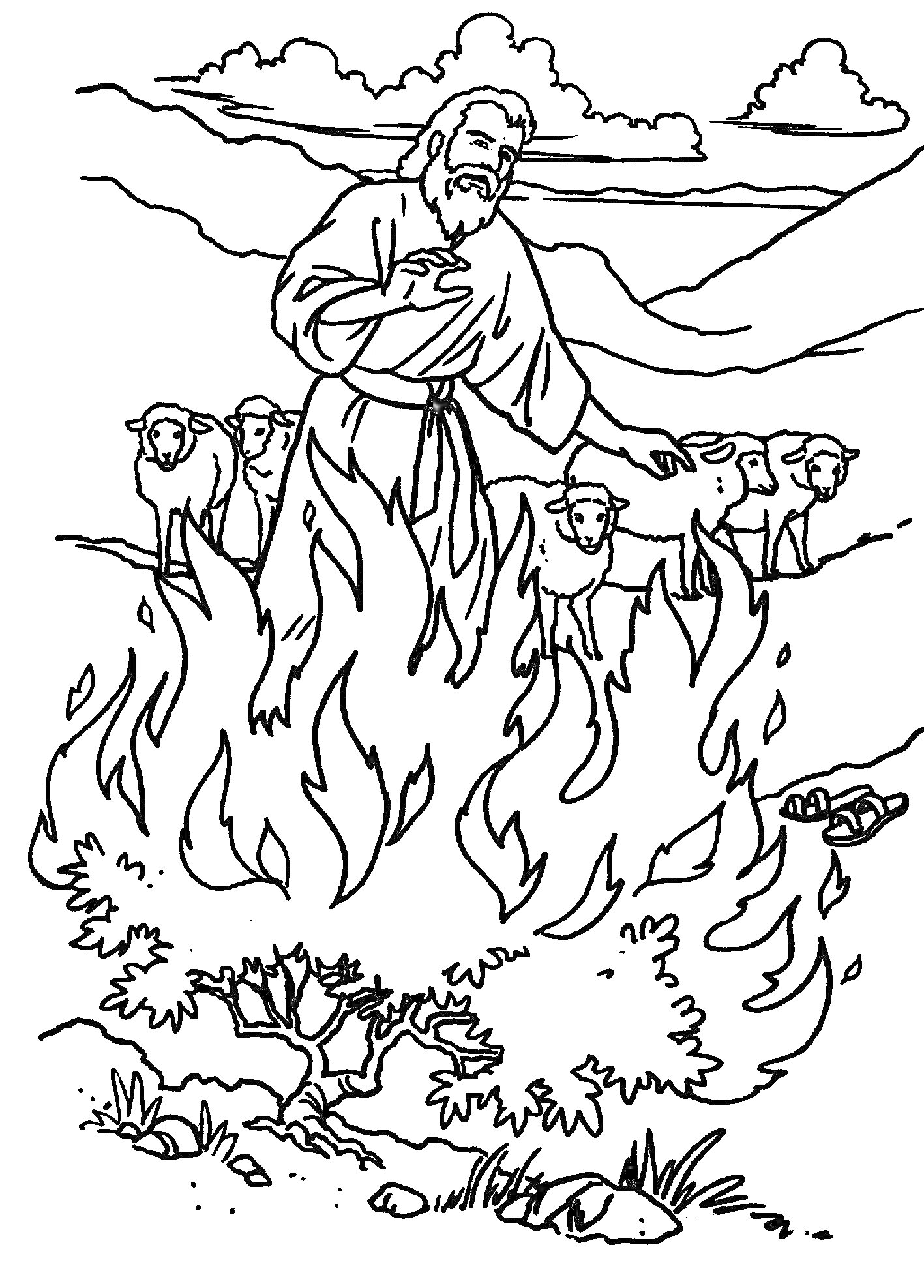 На раскраске изображено: Неопалимая купина, Мужчина, Пламя, Трава, Природа, Библейская история