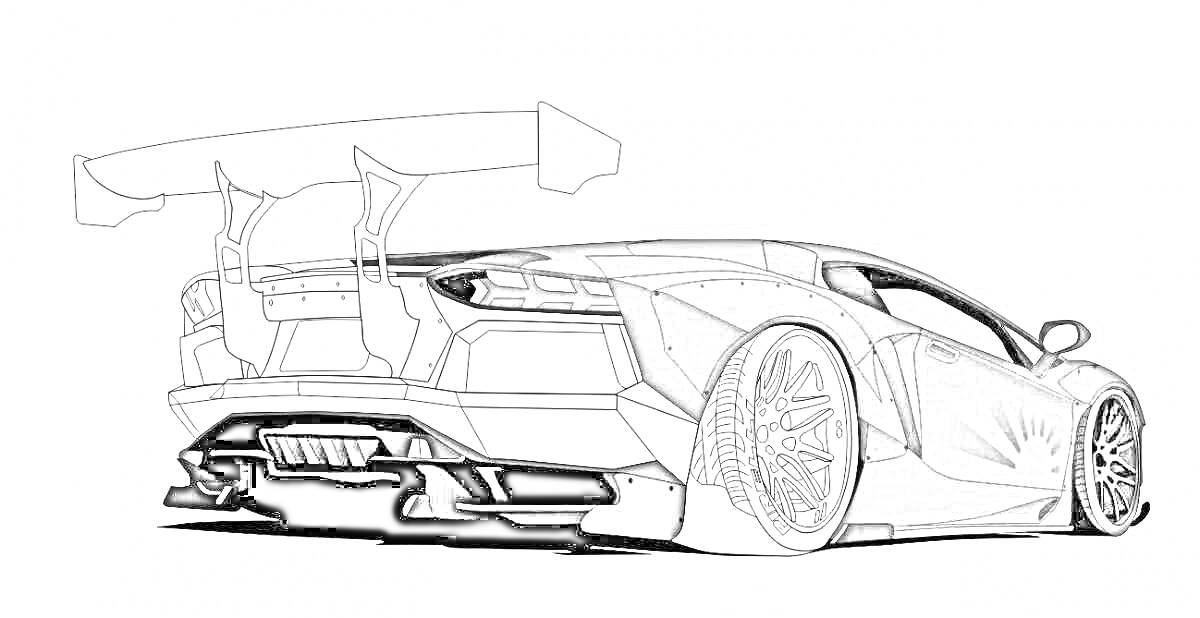 Раскраска Ламборгини Авентадор с задним видом, большим спойлером и детализированными колесами