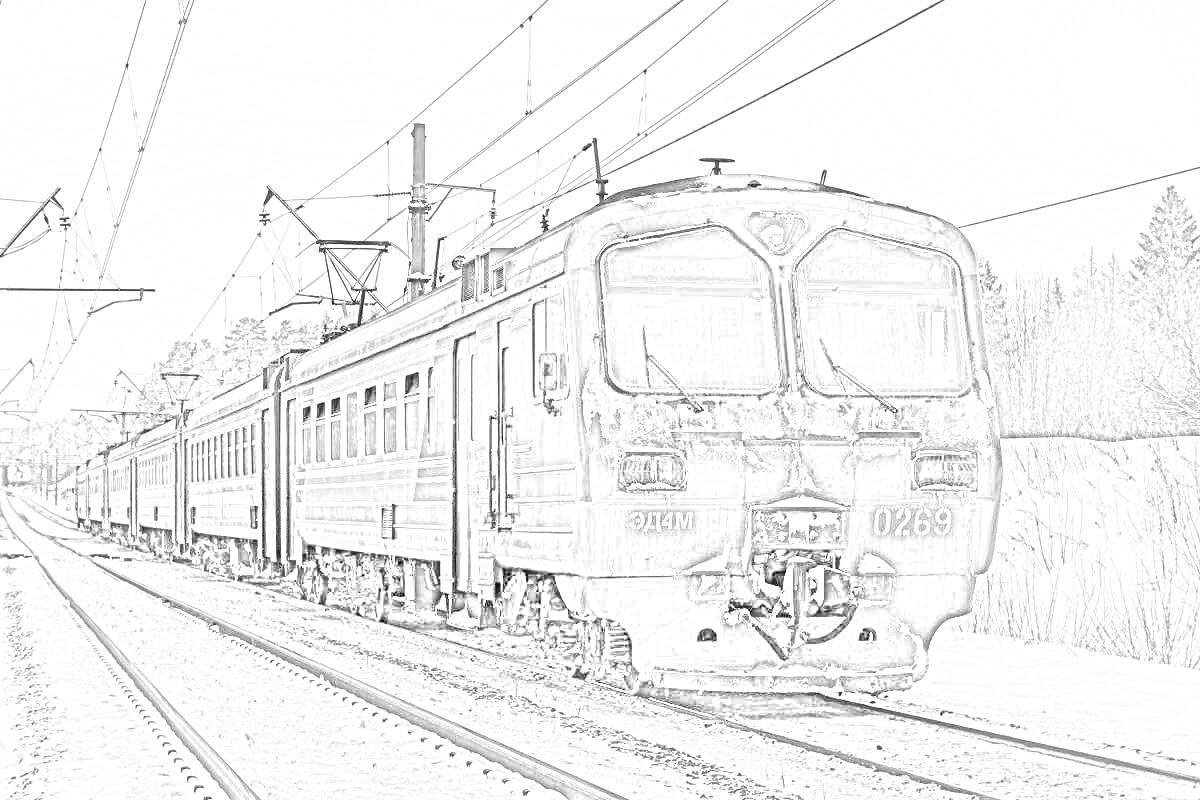 Раскраска Электричка ЭД4М на железнодорожных путях в зимний период