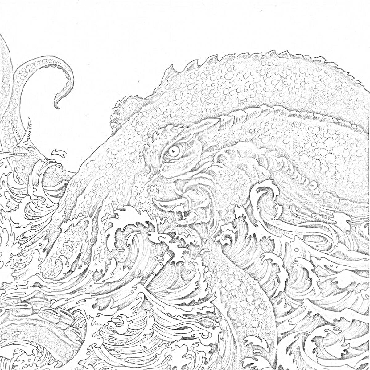 На раскраске изображено: Щупальца, Волны, Мифология, Океаны, Фантастические существа