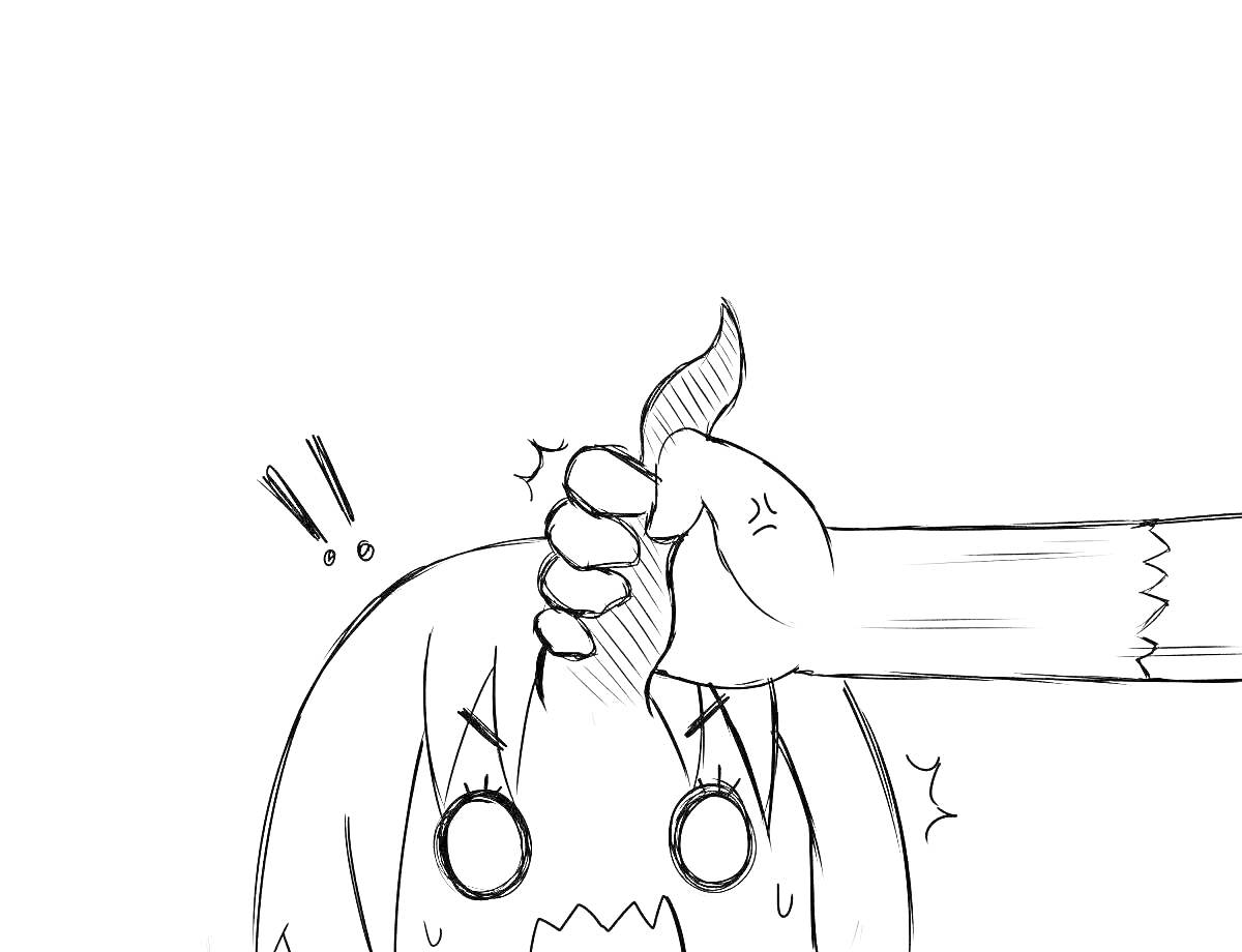 Раскраска Девочка с хвостиком и рука, держащая этот хвостик, с удивленным выражением лица.