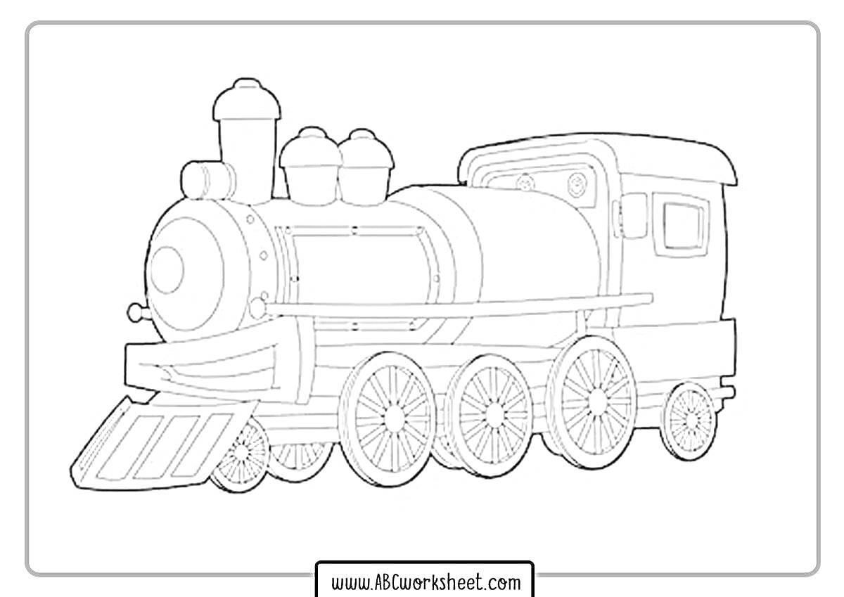 Раскраска Паровозик с трубами и колёсами