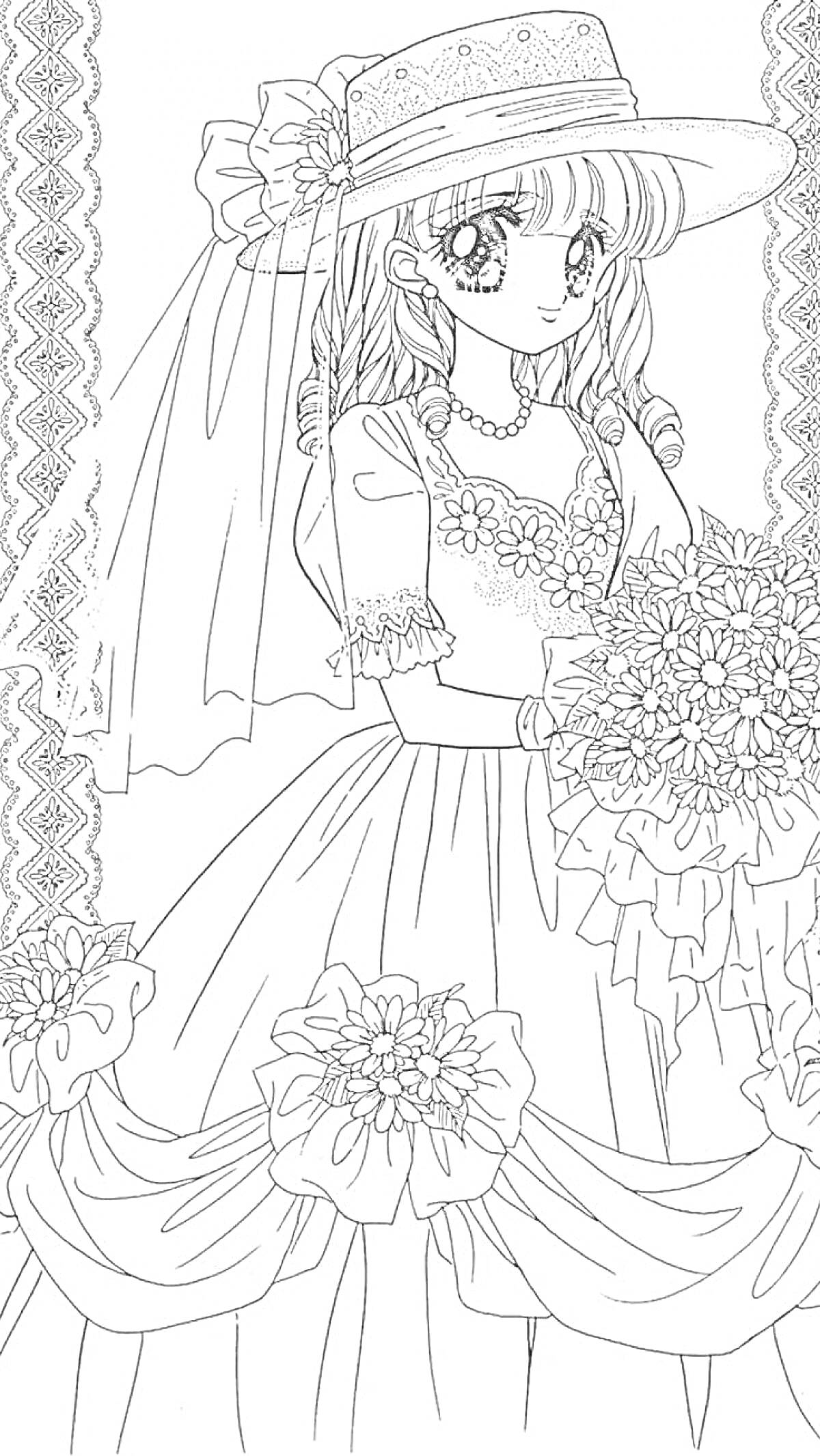 Раскраска Девушка в шляпе с букетом и цветочным платьем на фоне узорчатых лент
