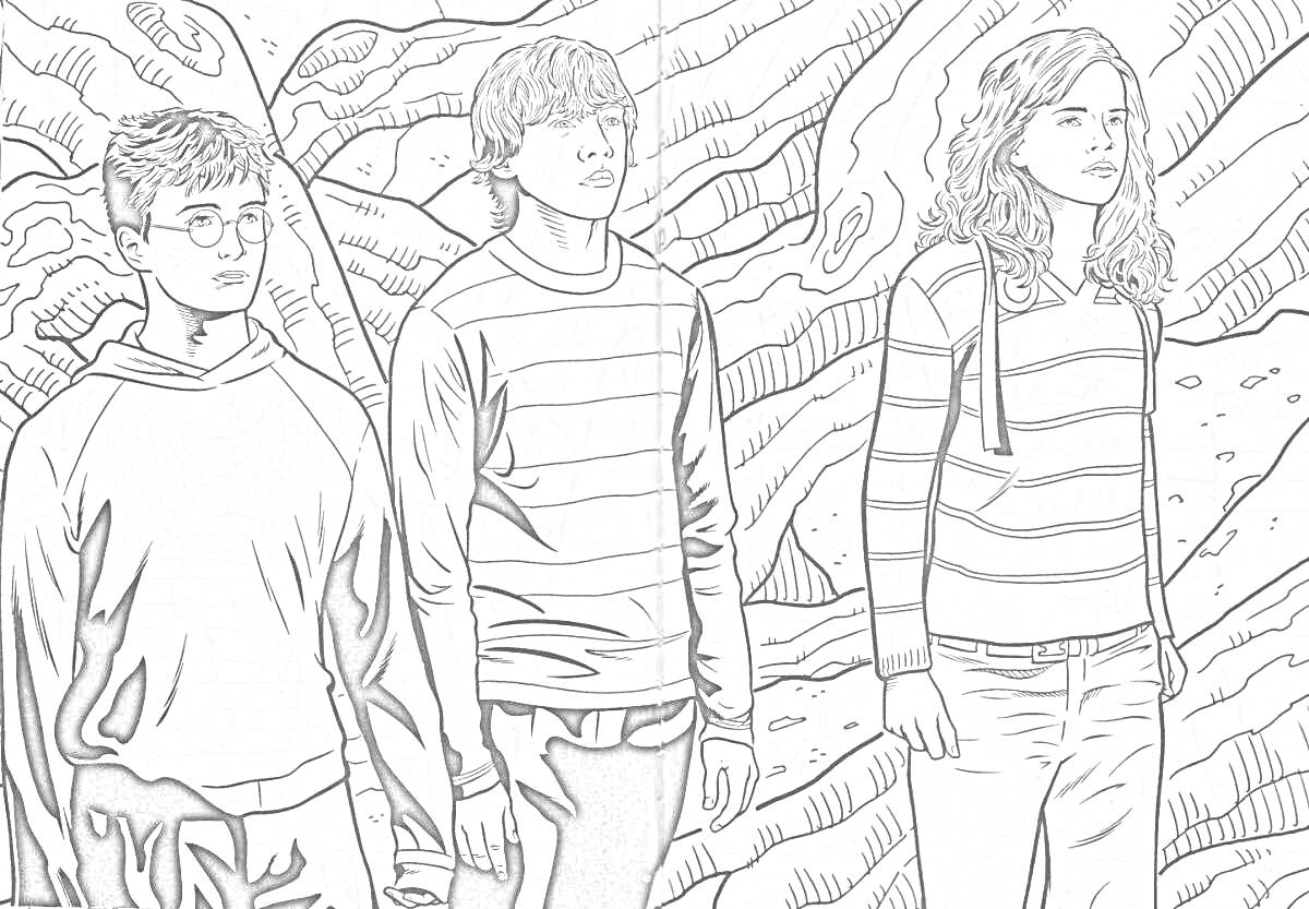 Раскраска Трое подростков на фоне деревьев