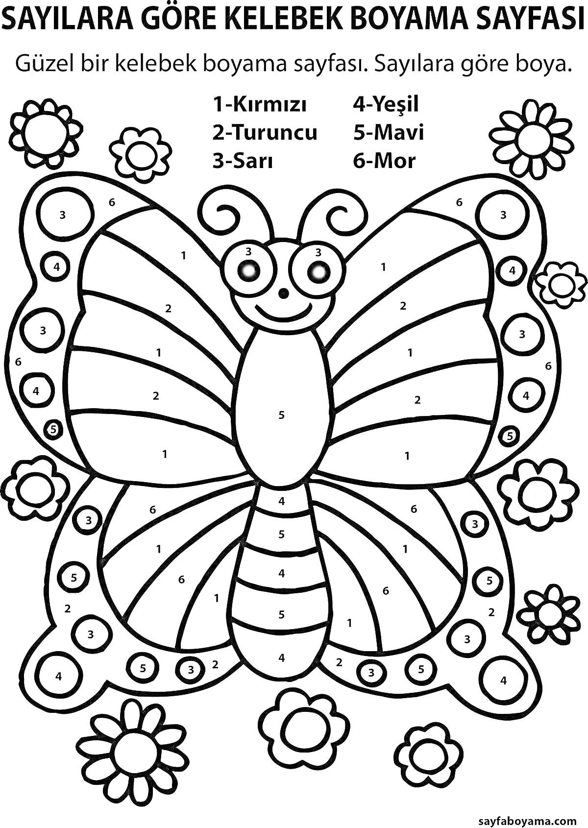 На раскраске изображено: Бабочка, Цветы, Листья, Цифры, Обучение, Творчество