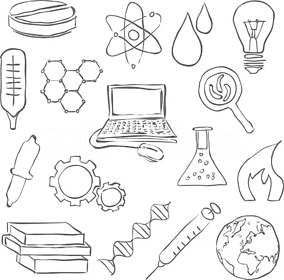 На раскраске изображено: Физика, Атом, Молекула, Вода, ДНК, Компьютер, Лабораторное оборудование, Шприц, Зубчатое колесо, Планета Земля, Лупа, Термометр