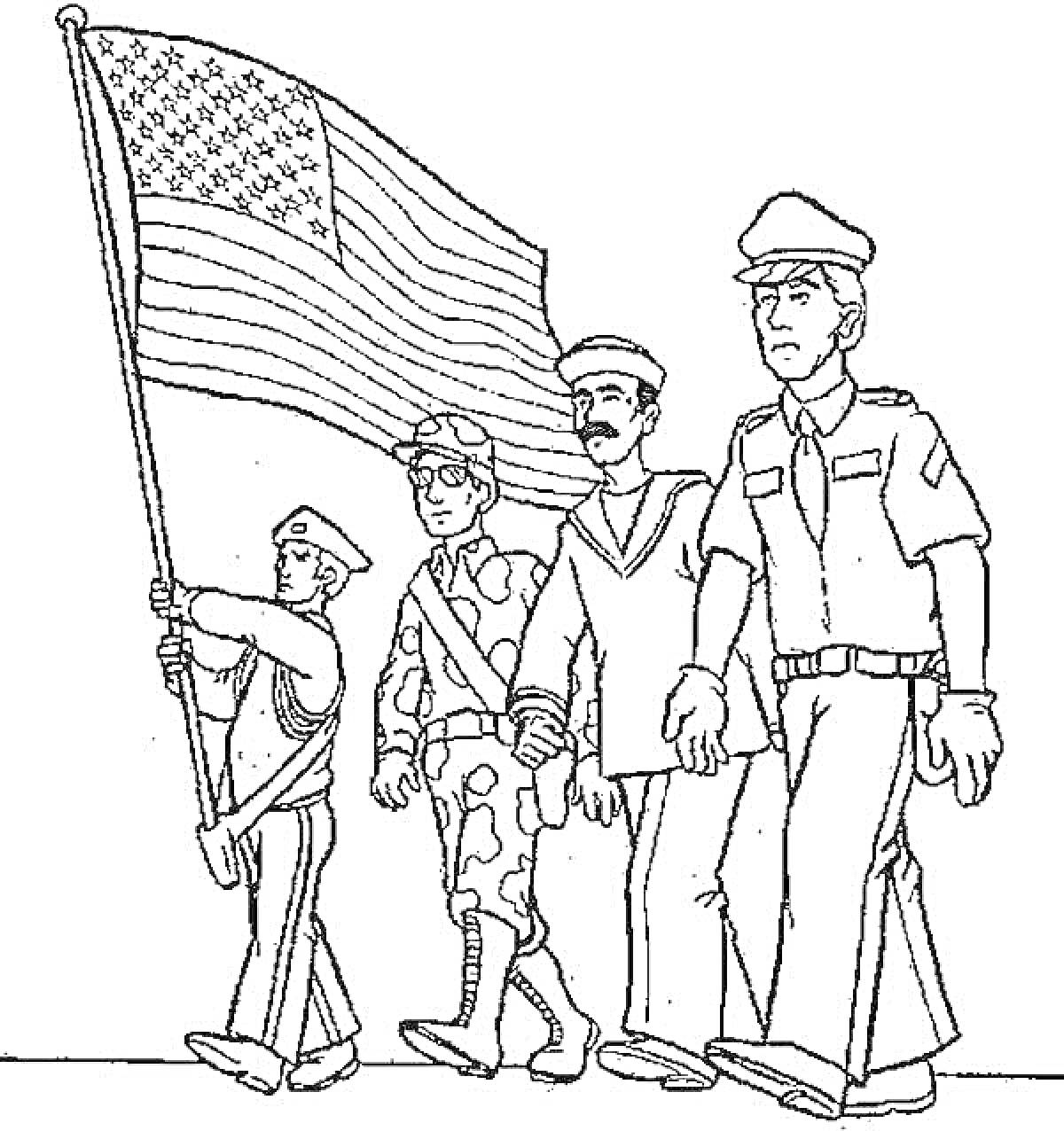 Раскраска четверо солдат, один из которых несет флаг США