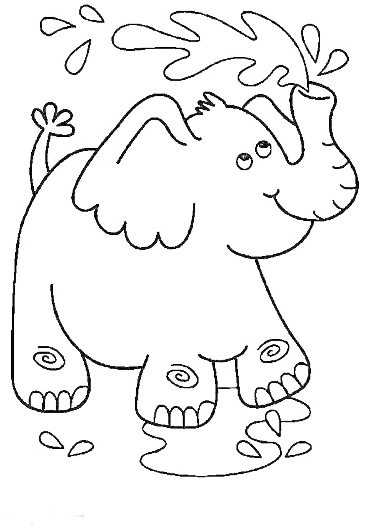 На раскраске изображено: Слон, Брызги, Вода, Животные, Хобот