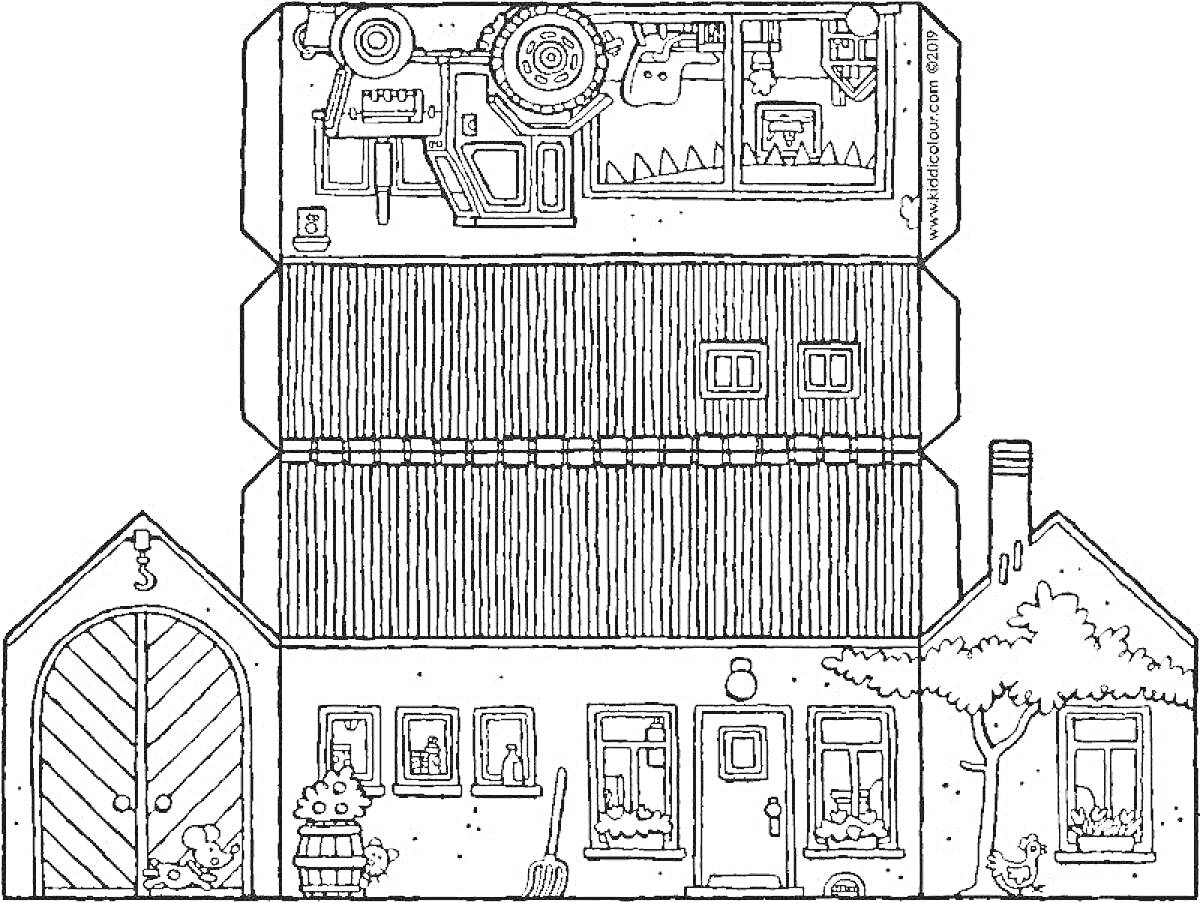 Раскраска Бумажный дом с дверьми, окнами, заводским помещением, деревом, кустарником и бочкой