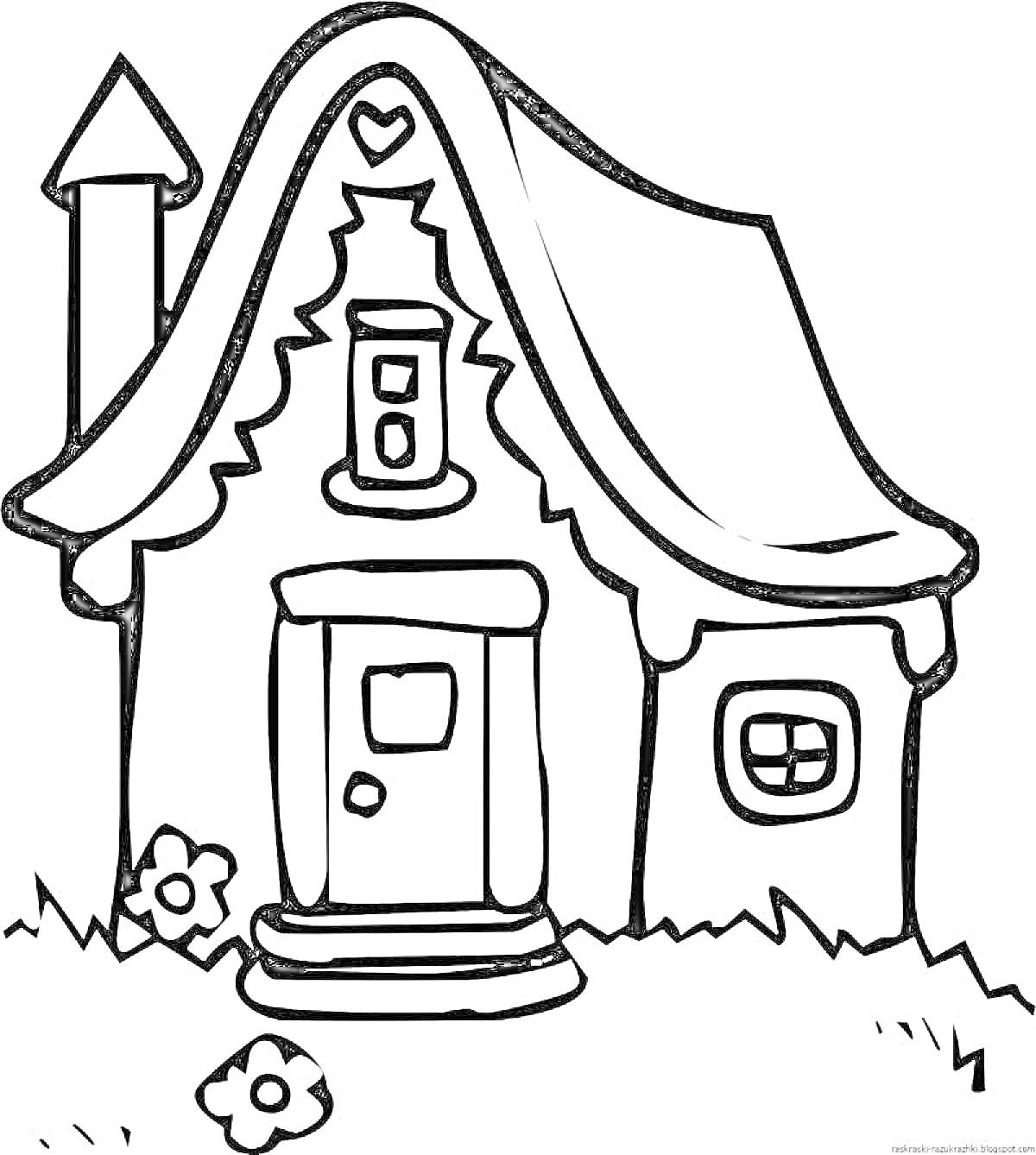 На раскраске изображено: Домик, Труба, Дверь, Окна, Цветы, Крыша, Контурные рисунки, Луг