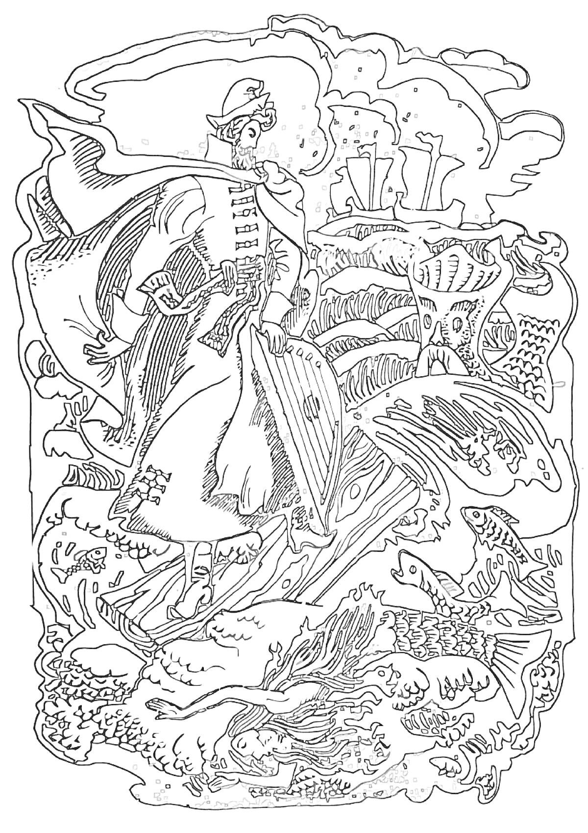 Раскраска Садко на морском дне с гуслями, окружённый рыбами и морскими существами