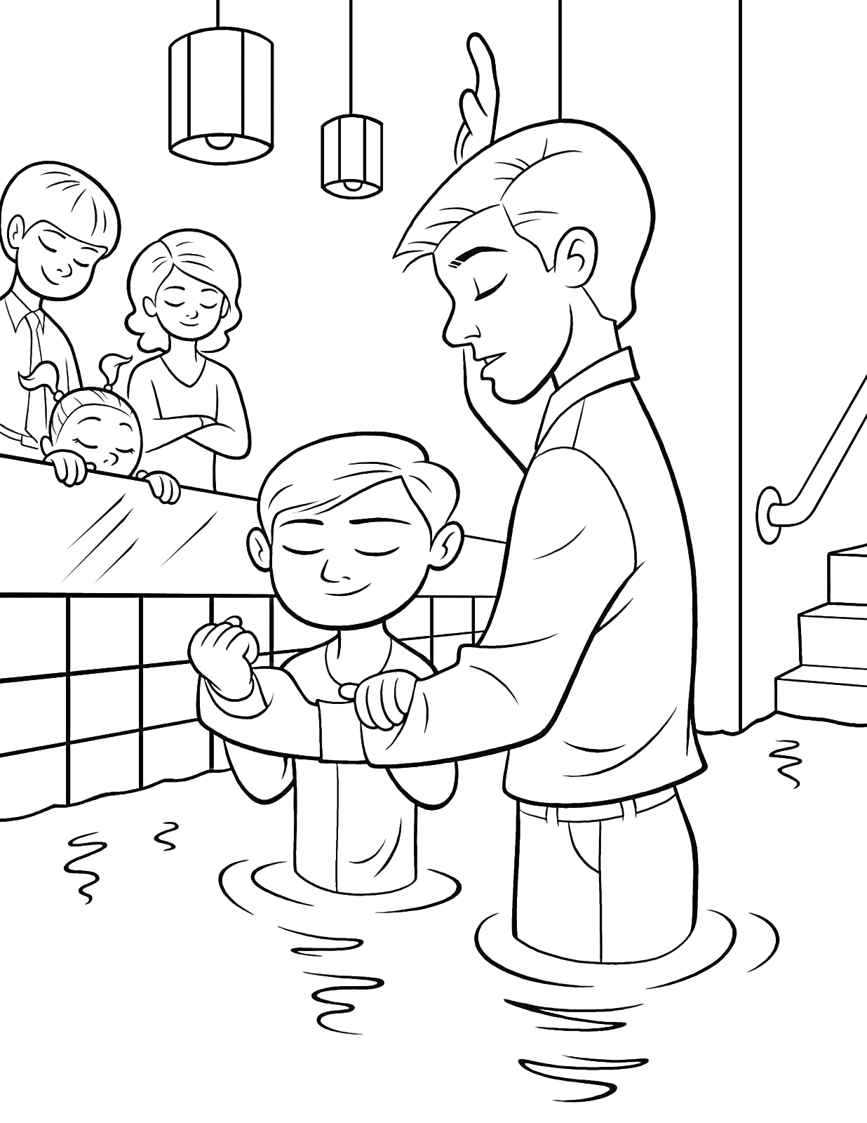 На раскраске изображено: Крещение, Мальчик, Взрослый мужчина, Вода, Семья, Здание, Брызги, Церковь, Духовность